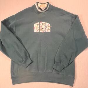 Top Stitch Morning Sun Bird Floral Embroidery Sweatshirt L Teal Cottagecore